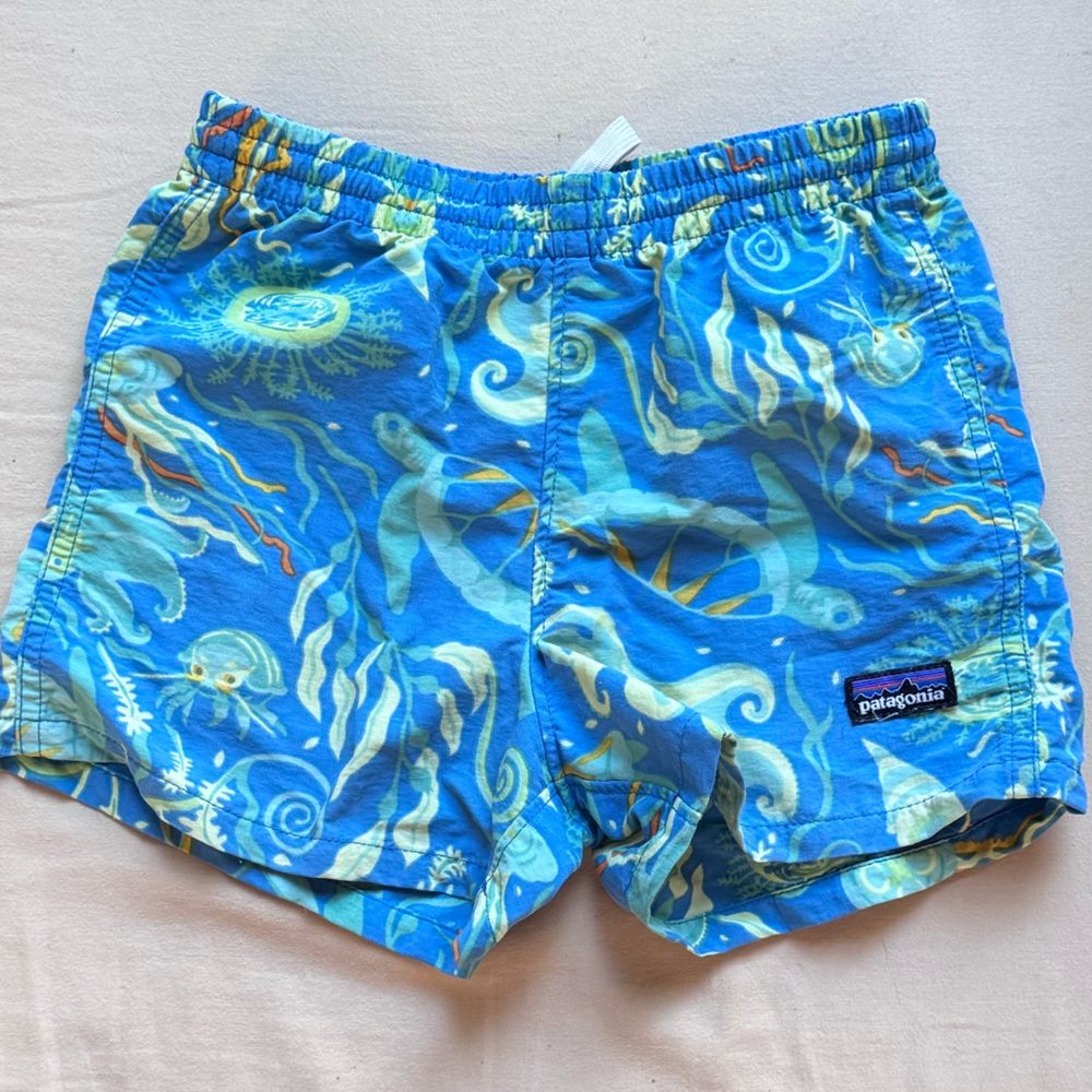 Patagonia Blue and Green Patterned Kids Baggies - Play and Swim Shorts size 4